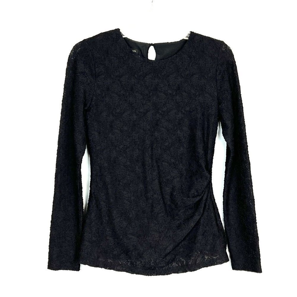 Talbots Black Lace Nylon Blend Top Long Sleeve Gathered Waist Size XS NWT